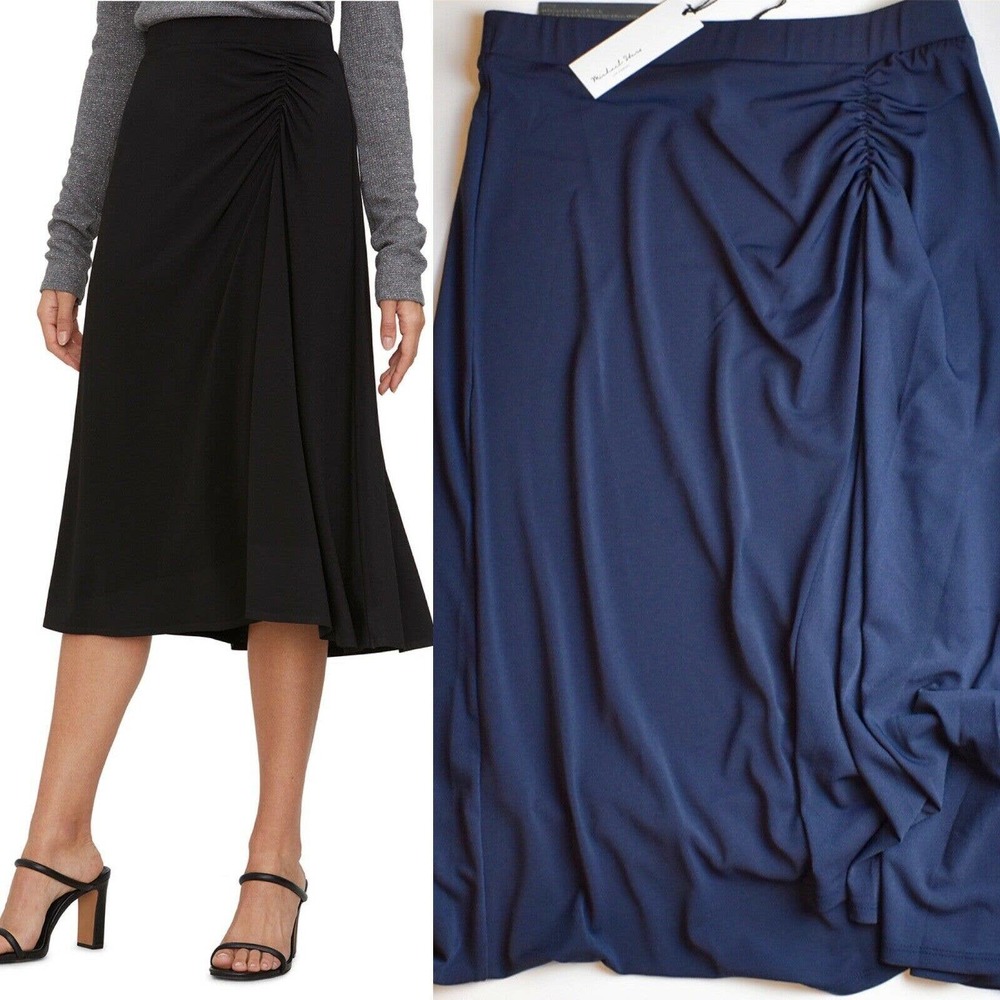 Ruched A-Line Midi Skirt - Black / Navy